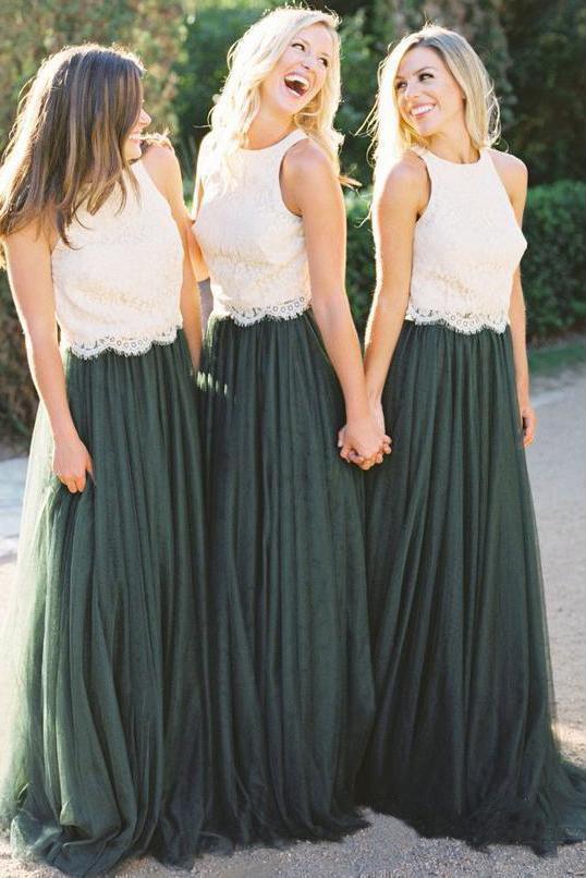 A Line Lace Bodice Green and White Tulle Long Round Neck Bridesmaid Dresses RS285