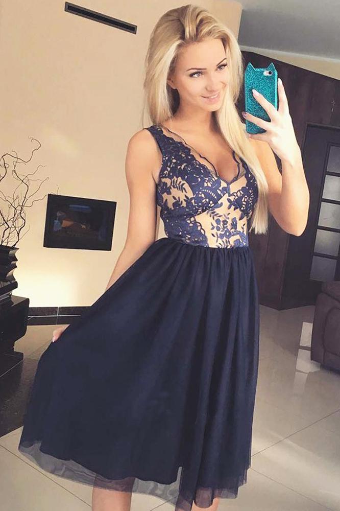 Cute A Line V Neck Open Back Tulle Navy Lace Chiffon Tea Length Short Homecoming Dresses RS988