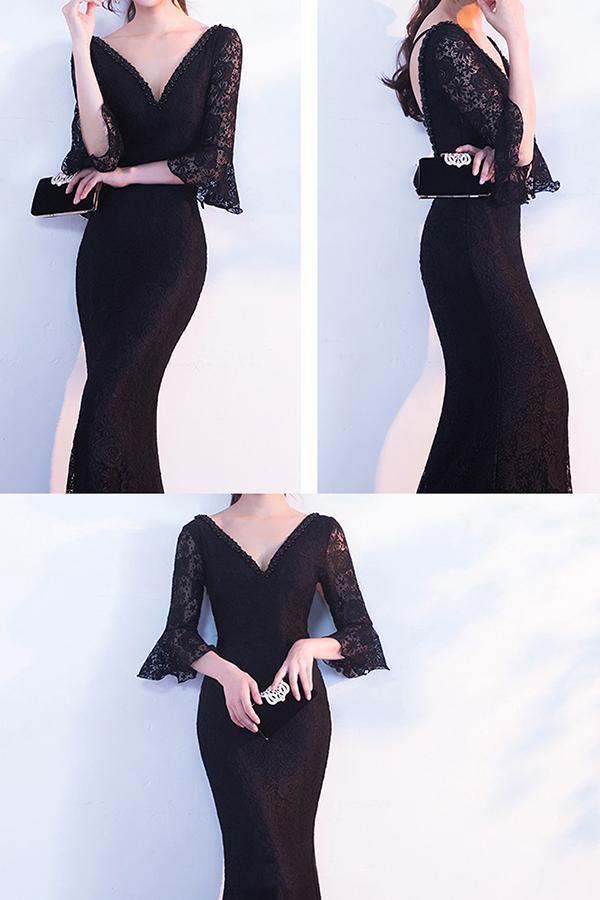 Elegant Black Lace Popular V-Neck Half Sleeve Sexy Mermaid Lace up Prom Dresses RS246