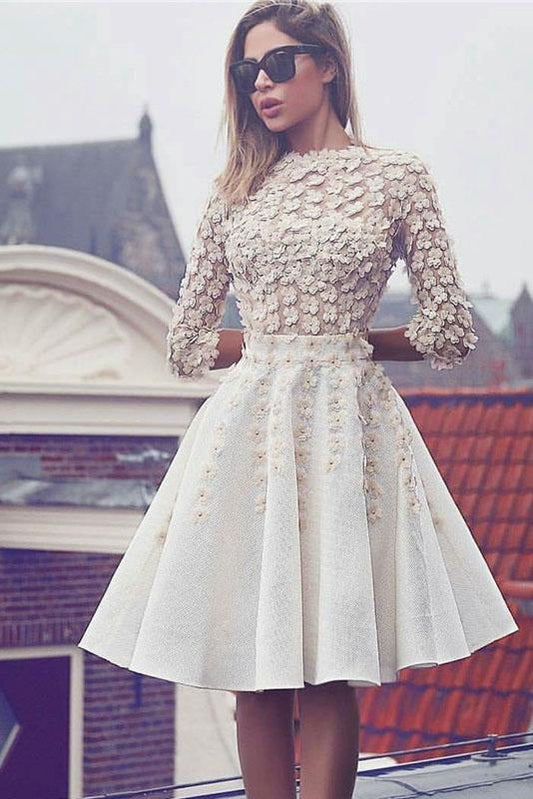 Glamorous Lace Short Flowers A-Line 3/4 Sleeves Hoco Knee-Length Homecoming Dresses RS301