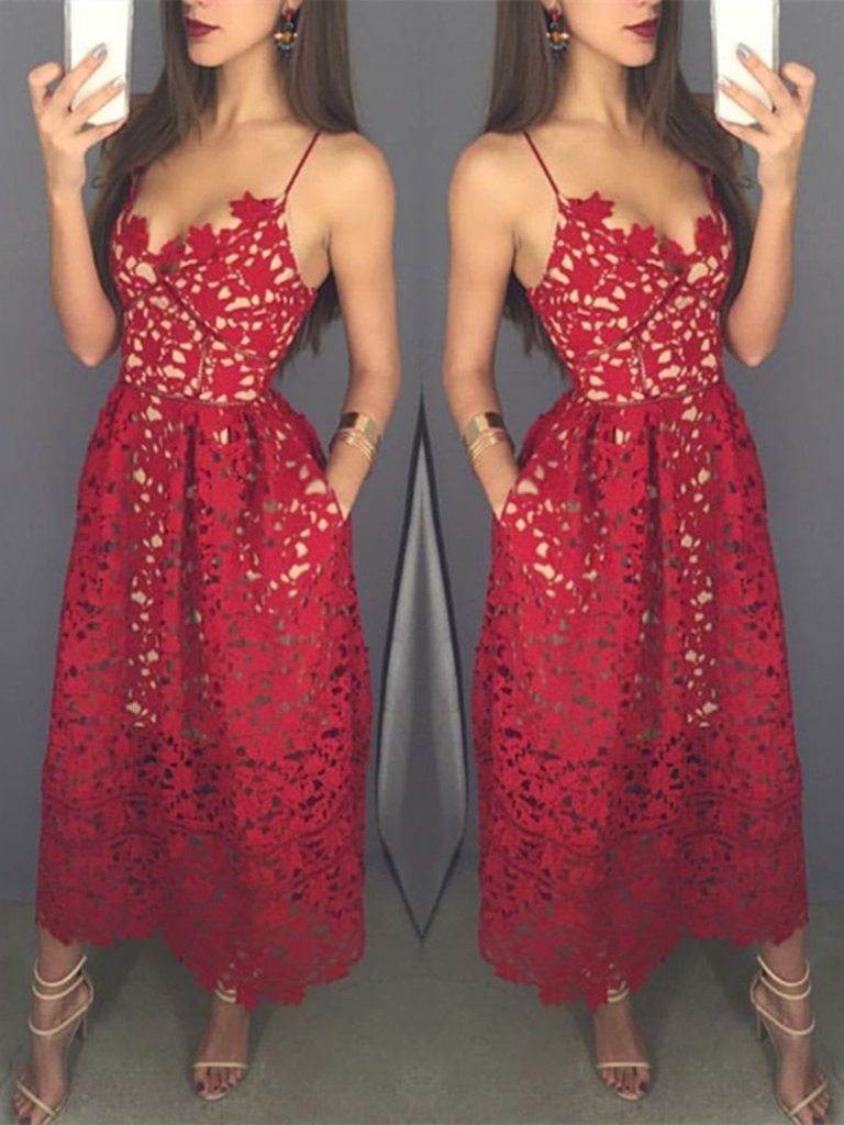 Mid-calf Red Lace Spaghetti Straps with Pockets Sweetheart Homecoming Dresses RS642