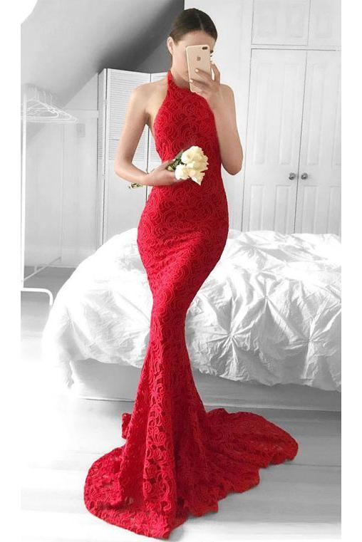 Glamorous Mermaid Red Lace Halter Evening Dress Backless Sleeveless Prom Dresses RS331