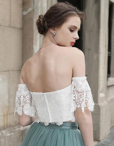 White Lace Tulle Two Pieces Off Shoulder Short Sleeve Short Prom Dress Homecoming Dress RS454