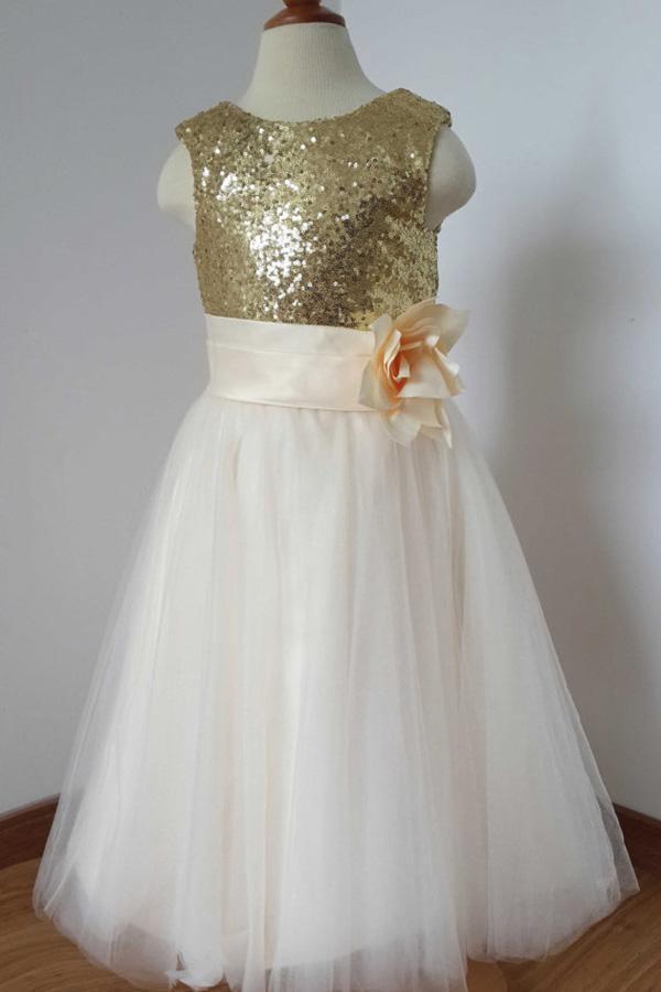 Gold Sequin Cream Tulle Ivory Scoop Flower Girl Dress with Flower Dress for Wedding Party RS775