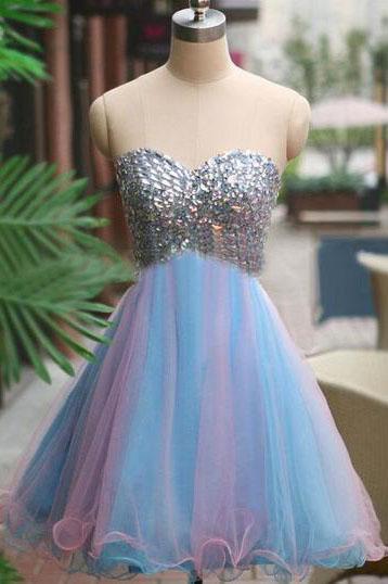 Strapless Cute Tulle Short Sweetheart Beading Blue Rhinestone Homecoming Dresses RS190