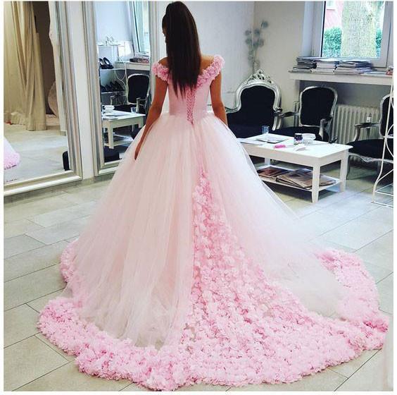 Ball Gown Off shoulder Pink Tulle Wedding Quinceanera Dresses With Flowers RS284