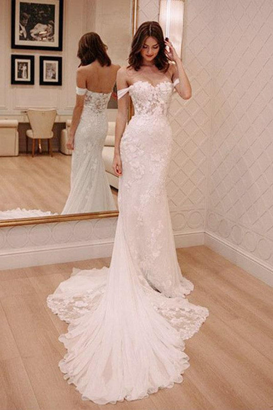 Sheath Off-the-Shoulder White Mermaid Chiffon Lace Appliques Beach Wedding Dresses RS328