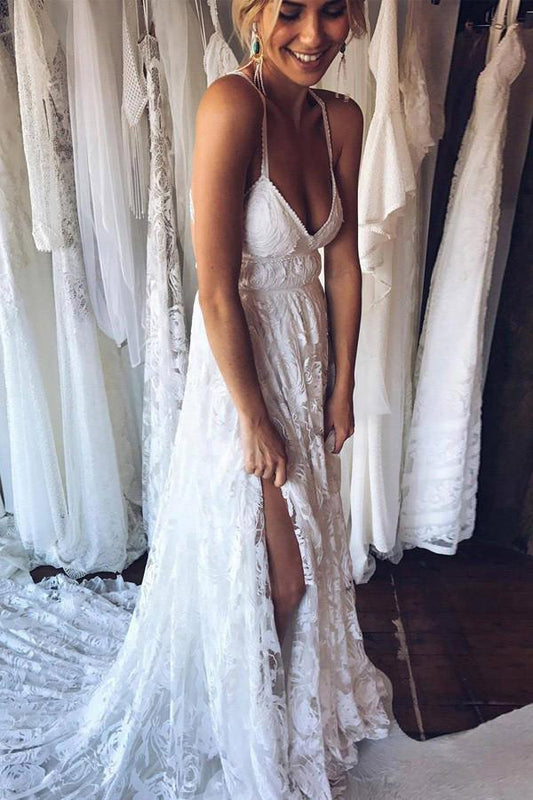 A-Line V-Neck Criss-Cross Straps Backless Court Train Lace Slit Beach Wedding Dress RS356