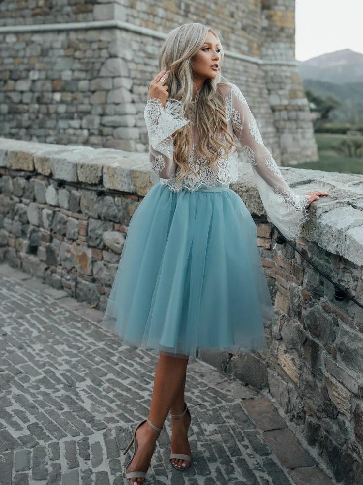 High Fashion Two-Piece Long Sleeves Homecoming Dress White Lace Top with Tutu Skirt RS122