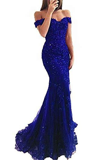 Blue Off the Shoulder Long Lace Appliques Mermaid Beads Prom Dresses Evening Dresses RS335