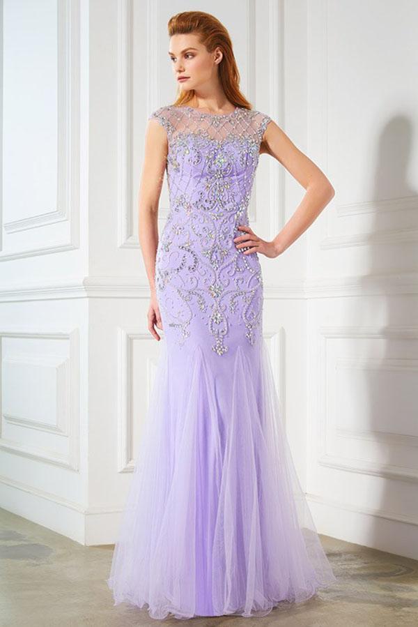 Elegant Mermaid Lavender Scoop Cap Sleeve Beads Tulle Yarn Floor-Length Prom Dresses RS220