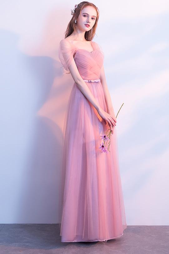 Elegant A-Line Pink Tulle Off the Shoulder Sweetheart Lace up Prom Bridesmaid Dresses RS572