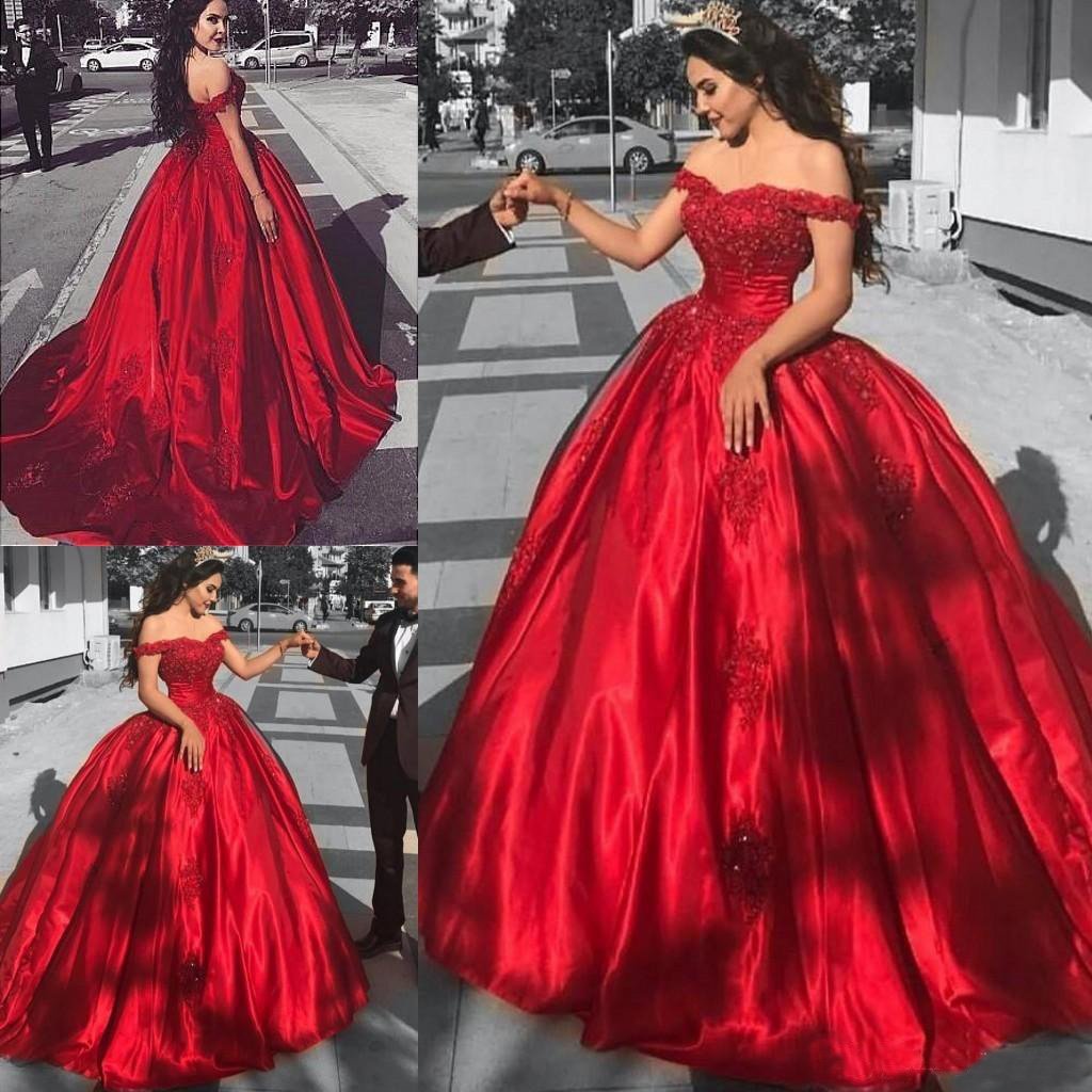 Ball Gown Off the Shoulder Red Satin Lace up Quinceanera Dresses with Appliques RS101