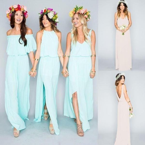 2024 Chiffon Cheap Long Pretty Young Mint Mismatched Side Split Bridesmaid Dresses RS317