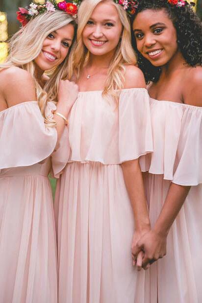 Elegant Off-the-shoulder Pastel Pink Ruffles Long Chiffon A-Line Bridesmaid Dresses RS322