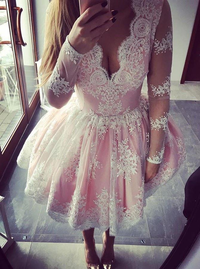 Cute A-line Long Sleeves Pink Short Lace Appliques V-Neck Homecoming Dress RS45