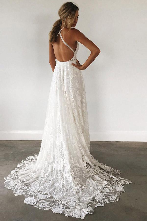 A-Line V-Neck Criss-Cross Straps Backless Court Train Lace Slit Beach Wedding Dress RS356