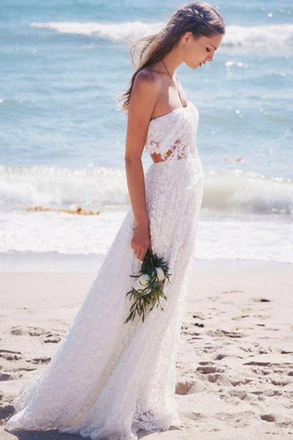 A-Line White Sweetheart Strapless Lace Long Beach Open Back Wedding Dresses RS268