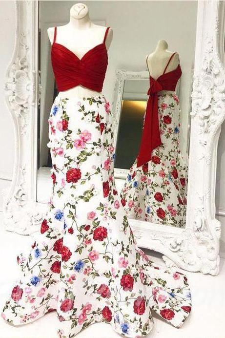 Elegant Two Pieces Mermaid Red Floral Bowknot Sweetheart Spaghetti Straps Prom Dresses RS267