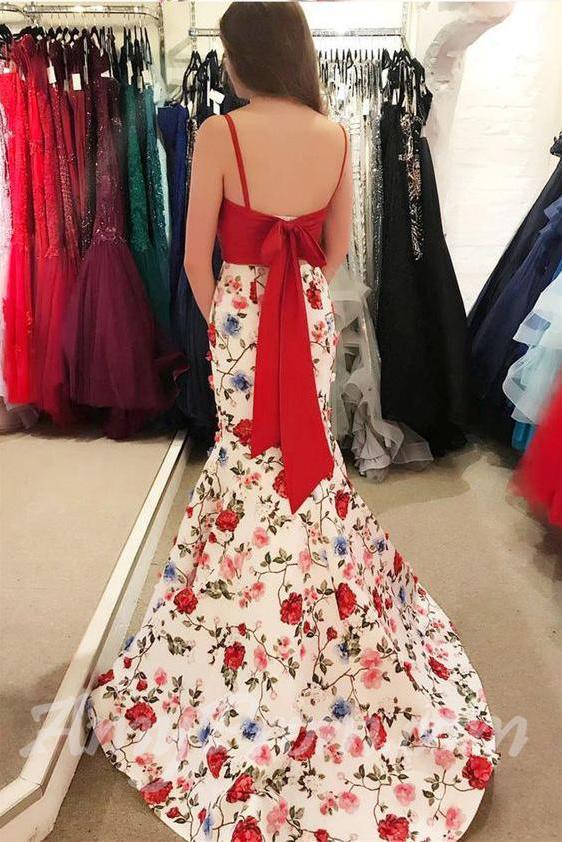 Elegant Two Pieces Mermaid Red Floral Bowknot Sweetheart Spaghetti Straps Prom Dresses RS267