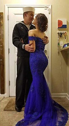 Blue Off the Shoulder Long Lace Appliques Mermaid Beads Prom Dresses Evening Dresses RS335