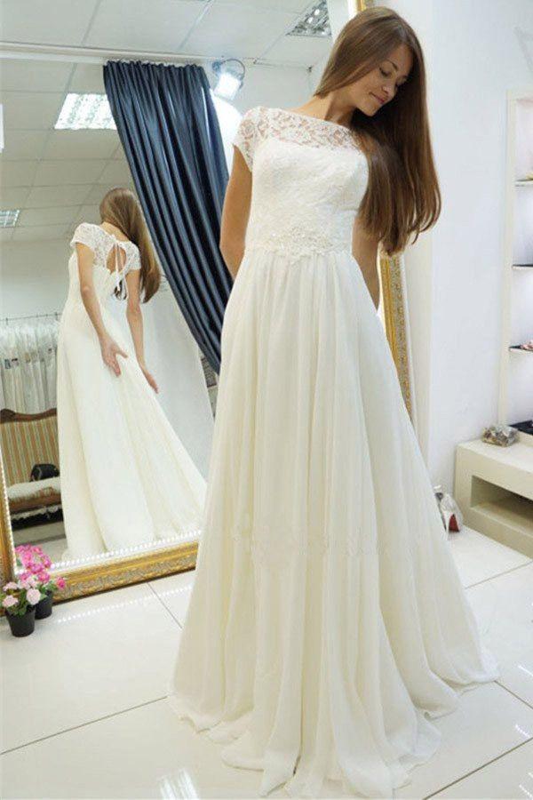 A-line Chiffon Long Beach Bateau Sweep Train Cap Sleeves Wedding Dress with Lace