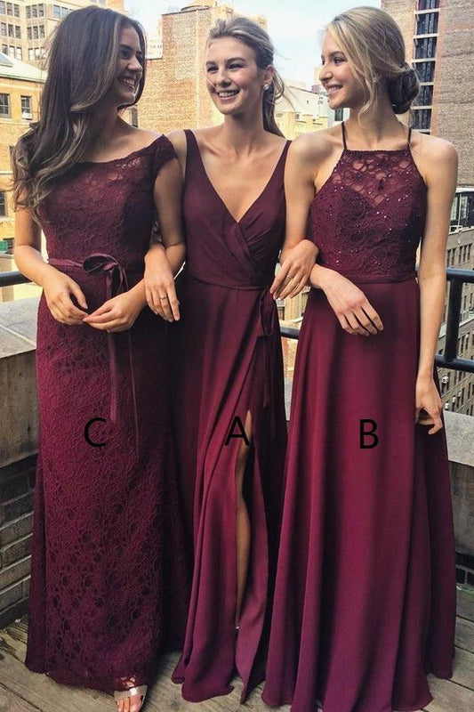 A-Line V-Neck Floor-Length Grape Chiffon Long Bridesmaid Dress wtih Split RS262