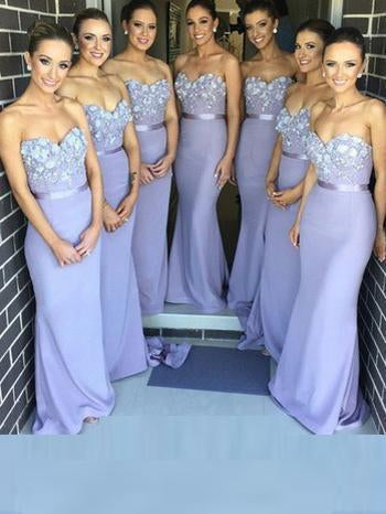 Sexy Sheath Sweetheart Strapless Lace Satin Purple Long Sleeveless Bridesmaid Dresses RS55