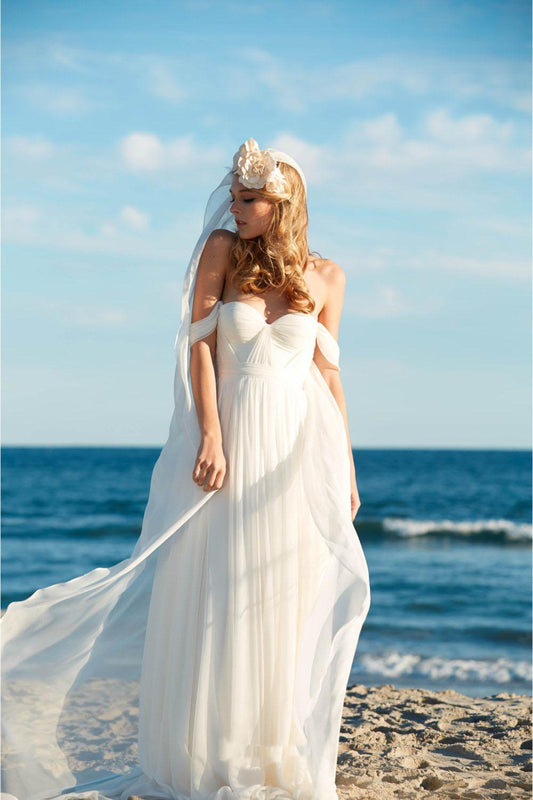 Off-the-Shoulder Empire Pleated White Sweetheart Backless Chiffon Beach Wedding Dress RS576