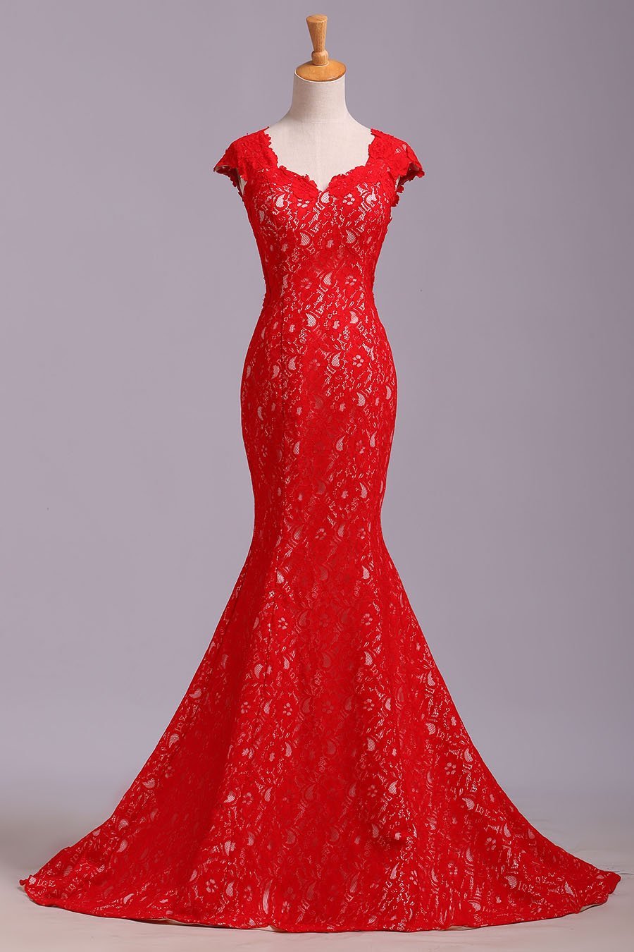 Elegant Red Sweetheart Mermaid Lace Cap Sleeve Open Back Prom Dress Party Dresses RS175