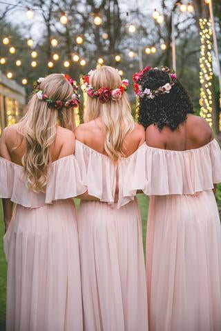 Simple Pink Off the Shoulder Pink Ruffles Long Bridesmaid Dresses GD00003