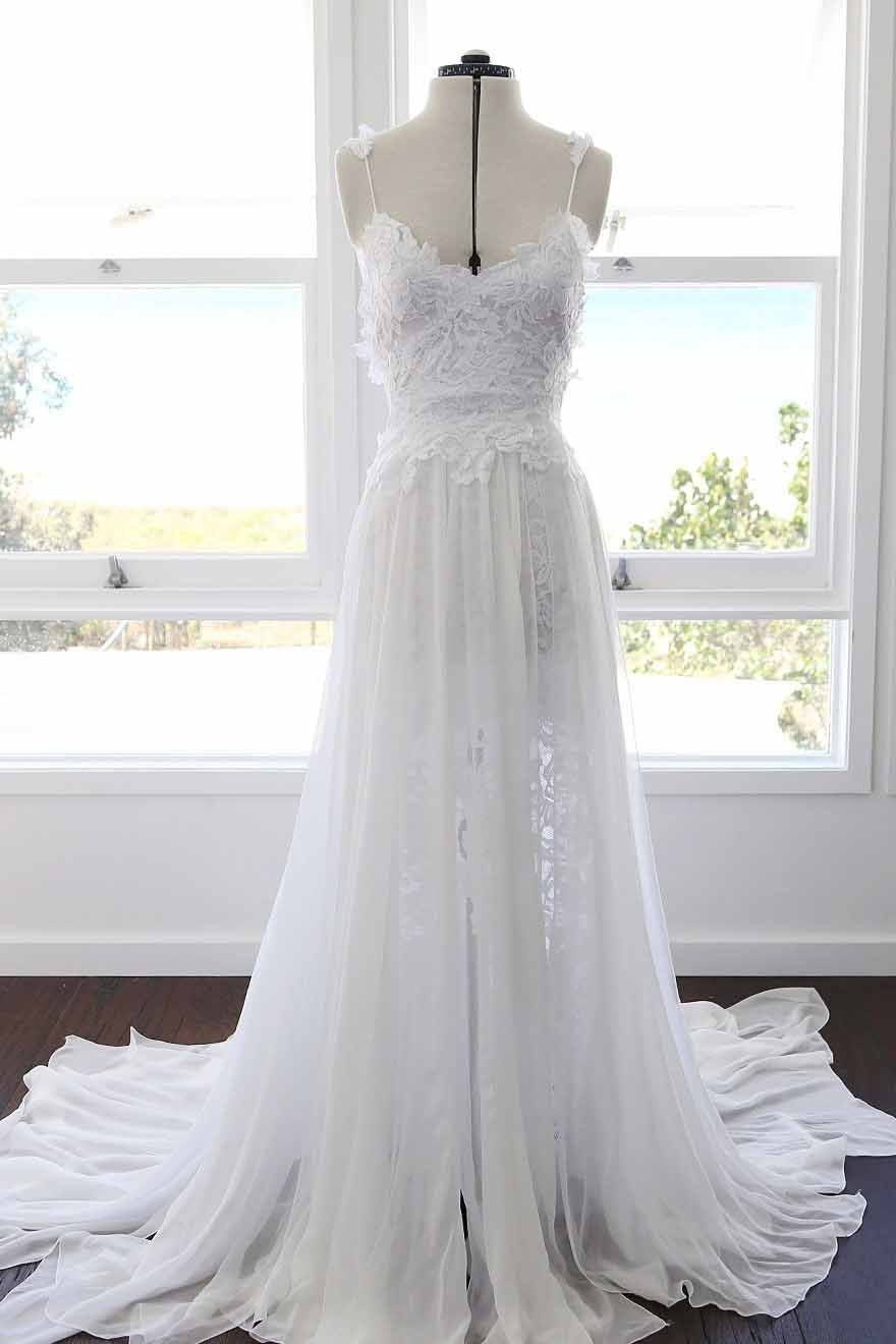 A-line Spaghetti Strap White Lace Chiffon Sweetheart Backless Beach Wedding Dresses RS881