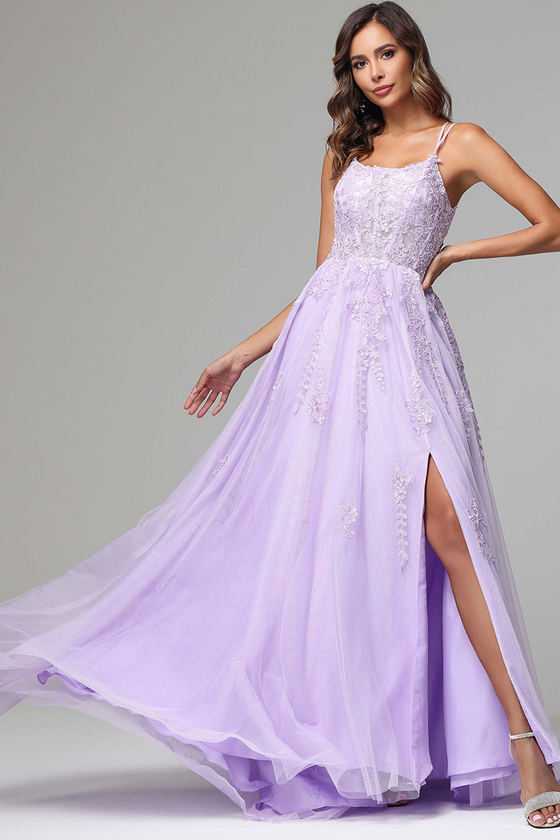 Lilac Spaghetti Straps Lace Appliques Long Prom Dress