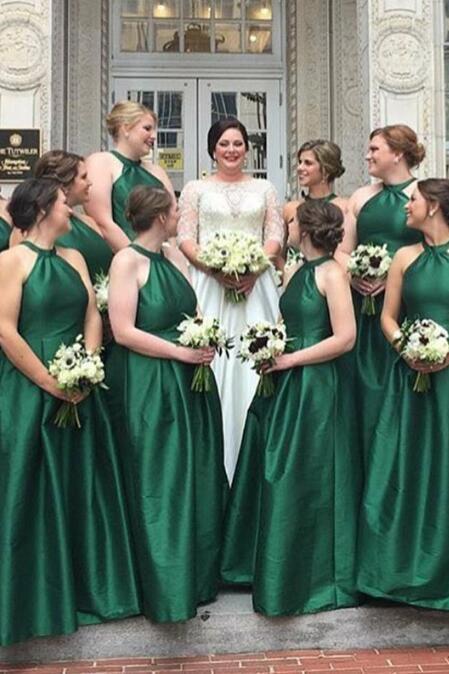 A-Line Round Neck Floor Length Hunter Green Satin Bridesmaid Dress Long Prom Dresses BD1001