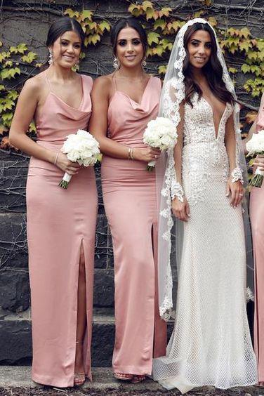 Sexy Mermaid Slit Backless Bridesmaid Dress Long Spaghetti Straps Bridesmaid Dress RS916