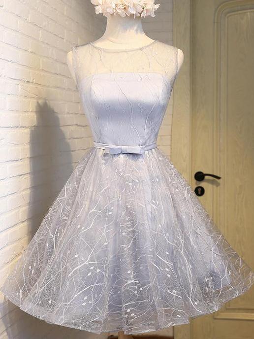 Cute Silver A Line See Through Scoop Organza Top Cheap Lace up Homecoming Dresses RS866