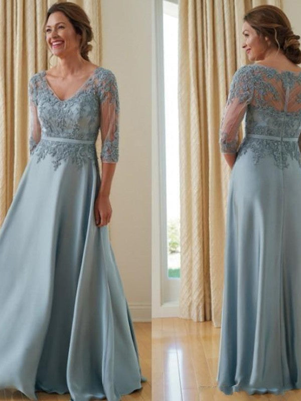 Nadia A-Line/Princess Satin Applique V-neck 3/4 Sleeves Floor-Length Mother of the Bride Dresses DSP0020381