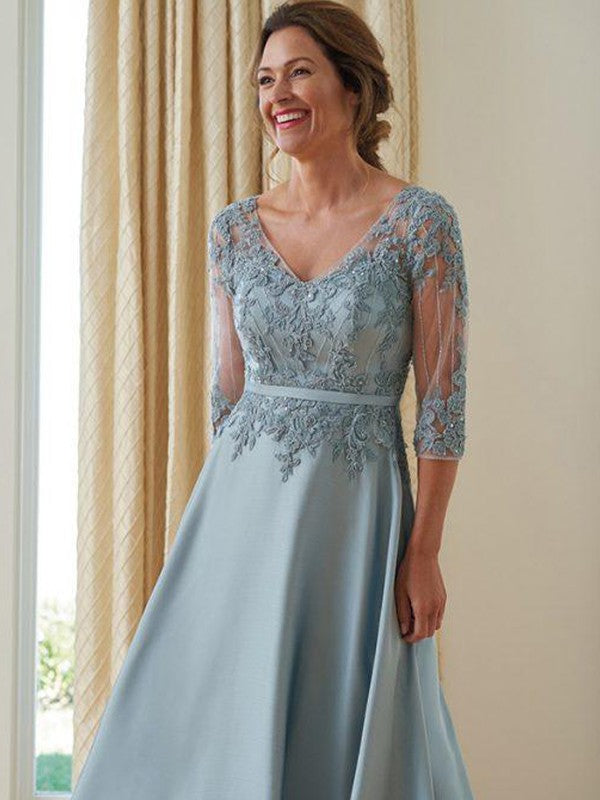 Nadia A-Line/Princess Satin Applique V-neck 3/4 Sleeves Floor-Length Mother of the Bride Dresses DSP0020381