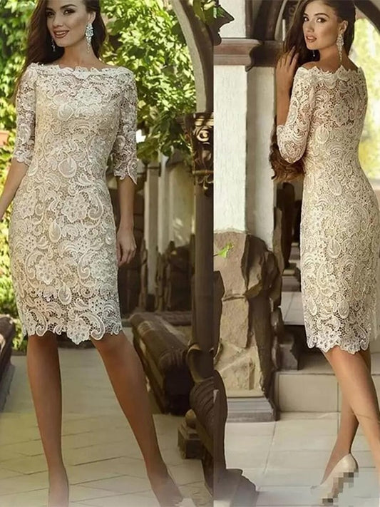 Leilani Sheath/Column Lace Applique Off-the-Shoulder 3/4 Sleeves Knee-Length Mother of the Bride Dresses DSP0020398