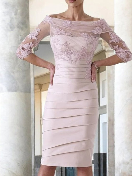 Cora Sheath/Column Satin Applique Scoop 3/4 Sleeves Knee-Length Mother of the Bride Dresses DSP0020414