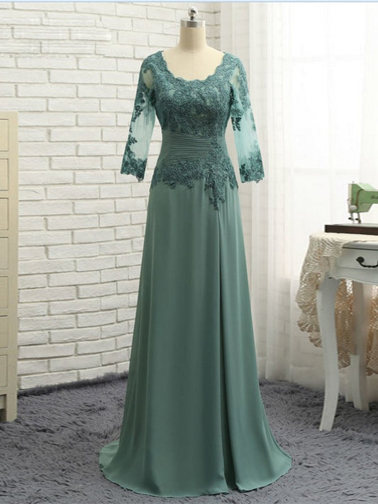 Lorelei A-Line/Princess Chiffon Applique Scoop 3/4 Sleeves Sweep/Brush Train Mother of the Bride Dresses DSP0020418