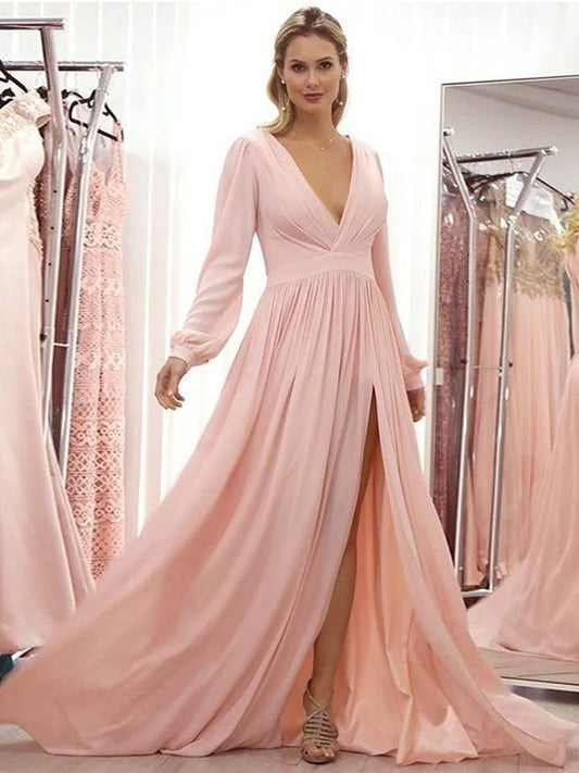 Mayra A-Line/Princess Chiffon Ruffles V-neck Long Sleeves Sweep/Brush Train Mother of the Bride Dresses DSP0020429