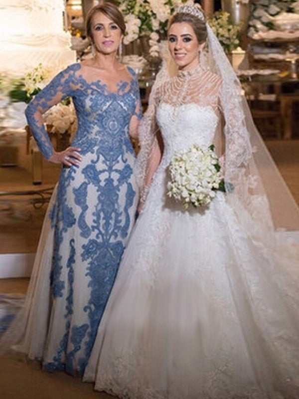 Kathryn Sheath/Column Tulle Lace Scoop Long Sleeves Sweep/Brush Train Mother of the Bride Dresses DSP0020371