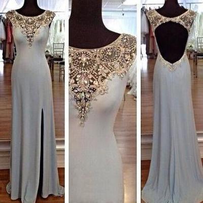 2024 Mermaid Open Back Scoop Slit Cap Sleeve Beads Long Chiffon Elegant Prom Dresses RS825