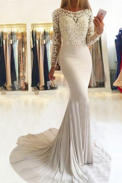 Elegant Mermaid Long Sleeve Scoop Lace Prom Dresses Long Evening Dresses RS746