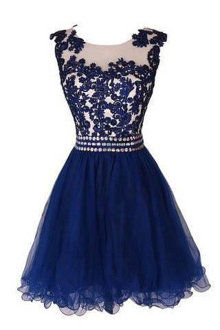 Navy Blue Lace Short Prom Dress With Waist Beads Royal Blue Mini Length Homecoming Dress RS891