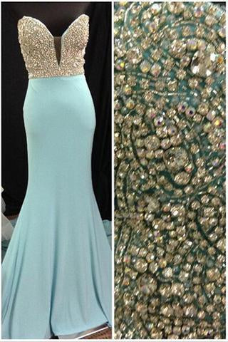 Gorgeous Long Blue Sweetheart Mermaid Elegant Beading Strapless Prom Dresses RS153