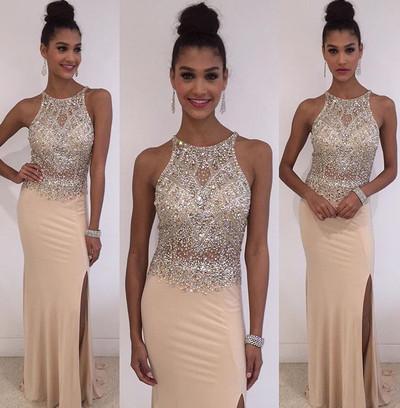 Champagne Halter Mermaid Elegant Beads Jewelry Hot Slit Prom Dresses RS164