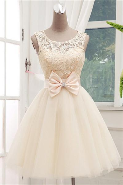 Lace Short Champagne Ball Gown Sleeveless Bowknot Open Back Scoop Homecoming Dresses RS878