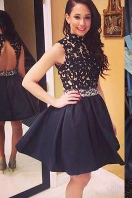 Elegant Short Open Back Lace Black Fitted Halter Cute Mini Homecoming Dresses RS245